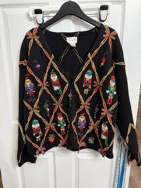 Vintage Just B XL Beaded Nutcracker Christmas Cardigan Sweater Black Maximalist